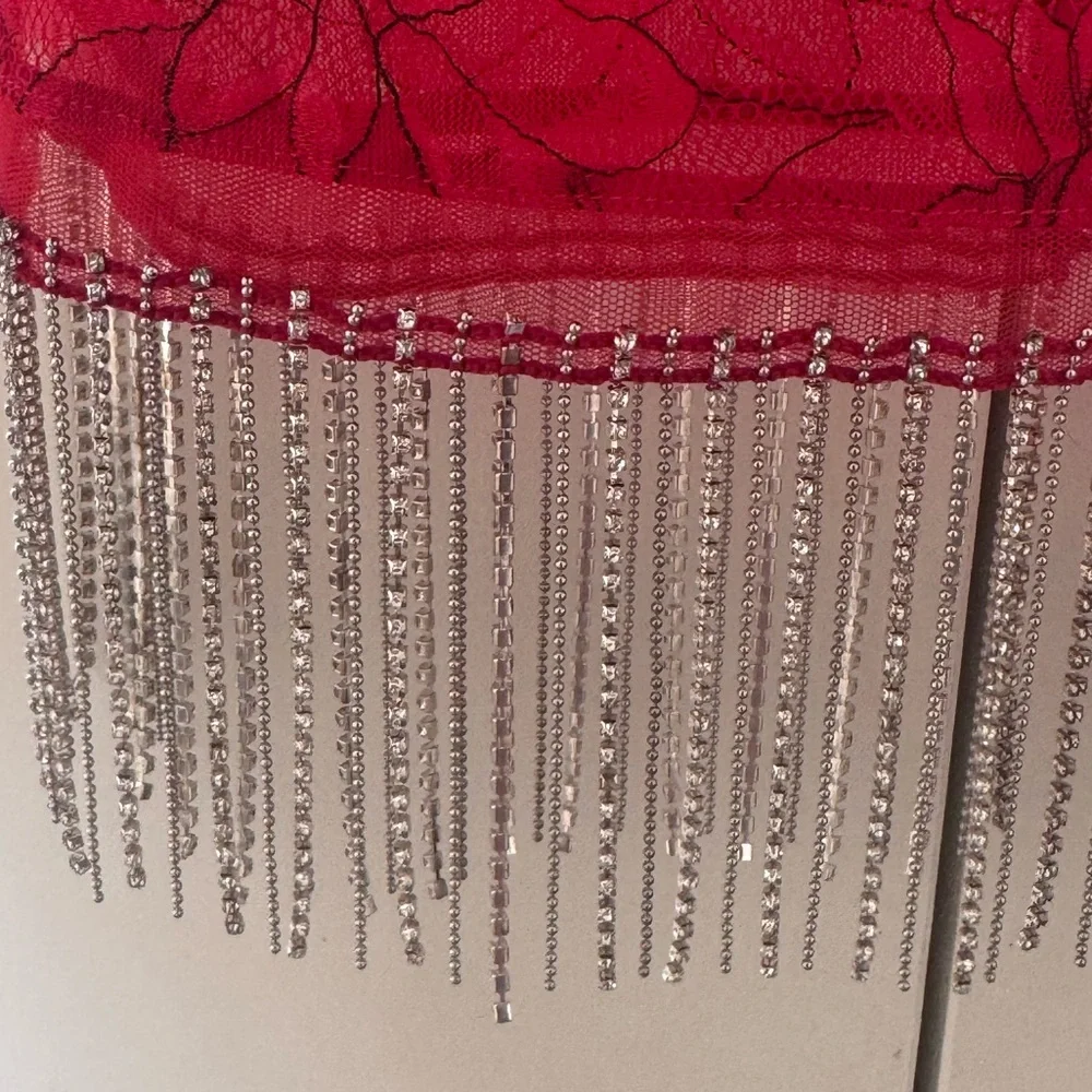 Dreamgirl | Red Lace Rhinestone Fringe Two-Piece Set | Halter Top | Midi Skirt